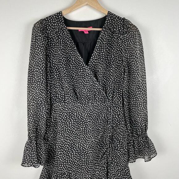 Betsey Johnson Heart Print Mini Dress Faux Wrap Ruffle Chiffon Whimsigoth Glam - Picture 8 of 10